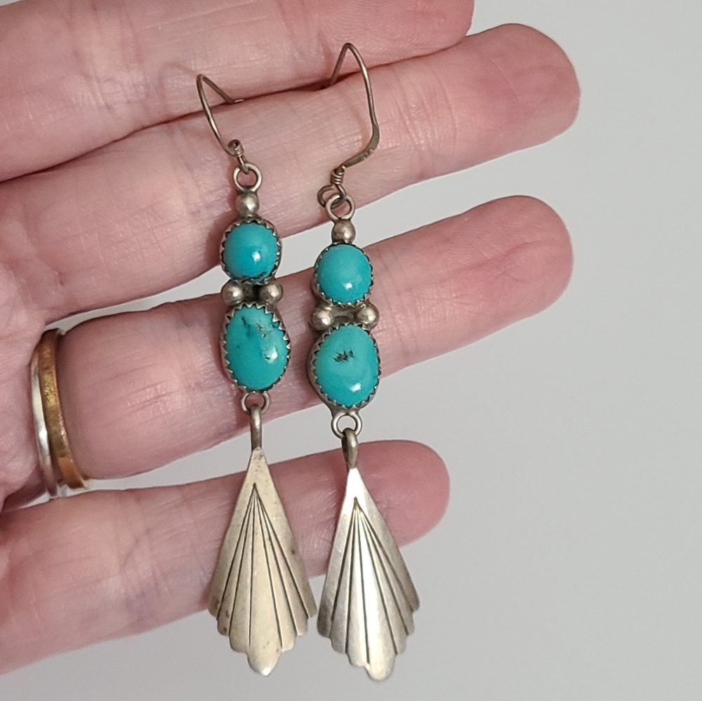 Vintage Navajo Sterling Silver Turquoise Long Earrings Sleeping Beauty Southwest